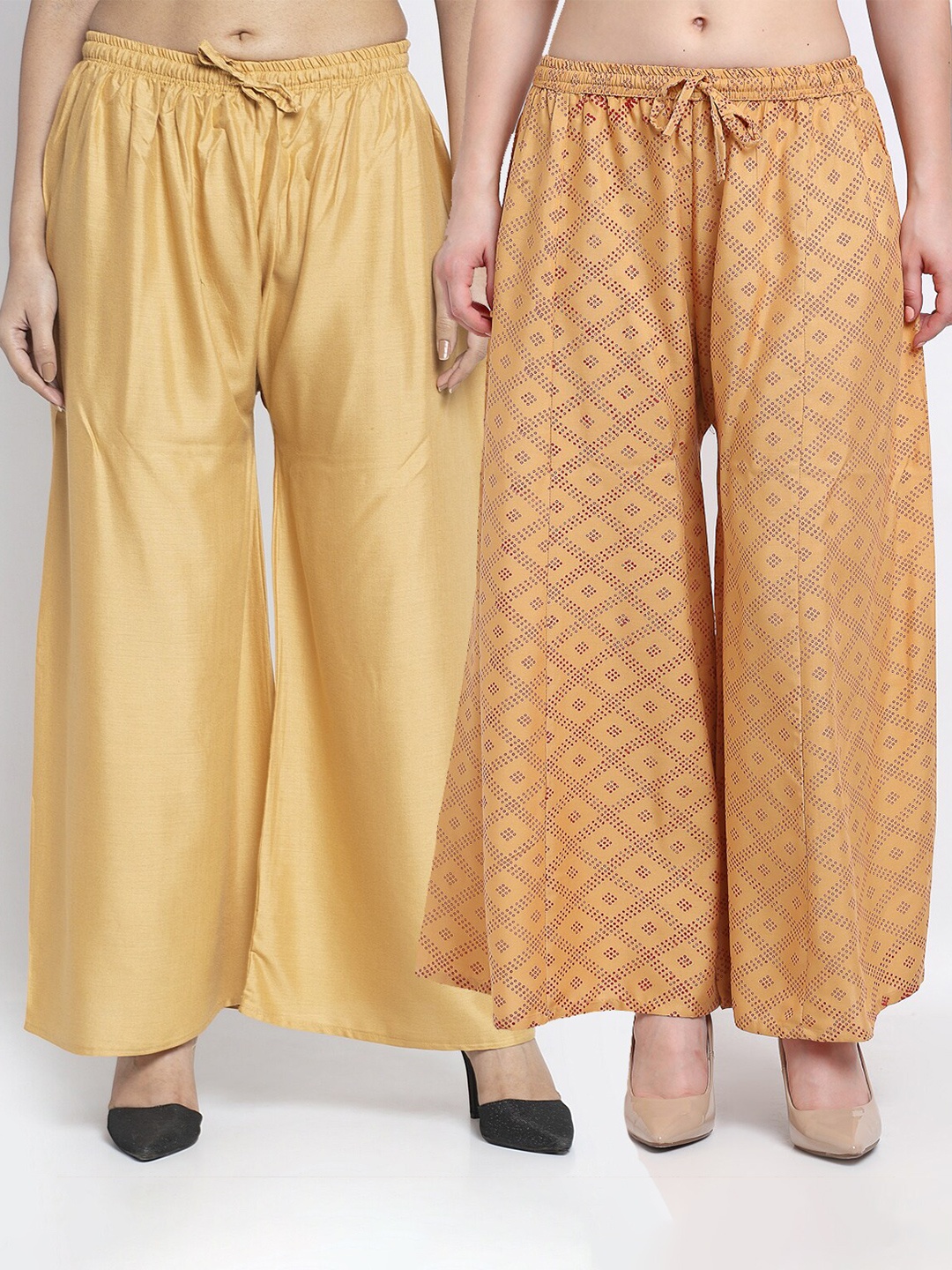 

Jinfo Women Pack Of 2 Beige Printed Flared Knitted Ethnic Palazzos