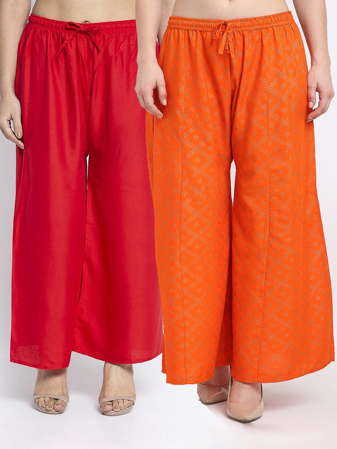 

Jinfo Women Pack Of 2 Red & Orange Printed Flared Knitted Ethnic Palazzos