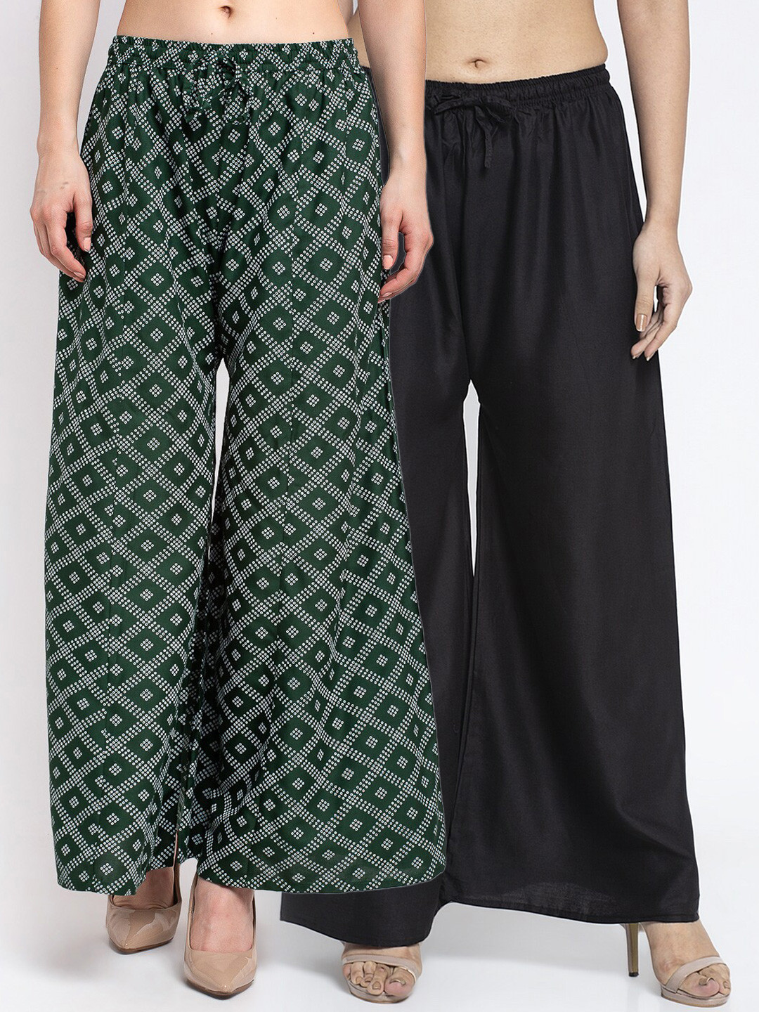 

Jinfo Pack of 2 Black & Green Printed Flared Knitted Ethnic Palazzos