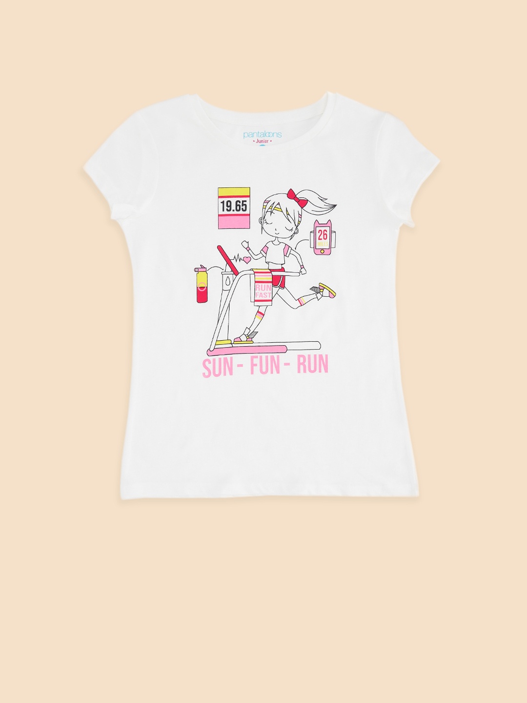 

Pantaloons Junior Girls Off White & Pink Pure Cotton Printed T-shirt