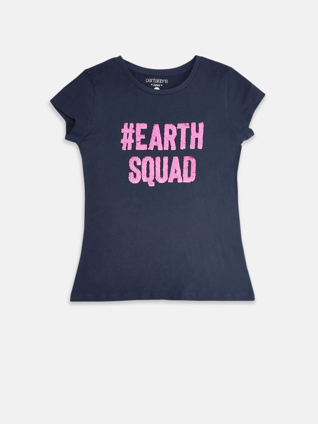 

Pantaloons Junior Girls Navy Blue Typography Pure Cotton Printed T-shirt