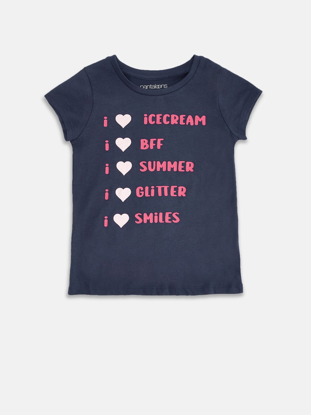 

Pantaloons Junior Girls Navy Blue & Fuchsia Typography Printed Pure Cotton T-shirt