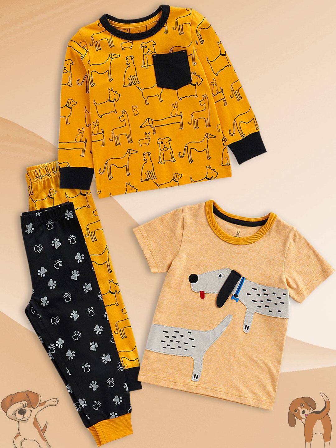 

mothercare Boys Set Of 2 Yellow & Black Printed Pure Cotton T-shirt with Pyjamas