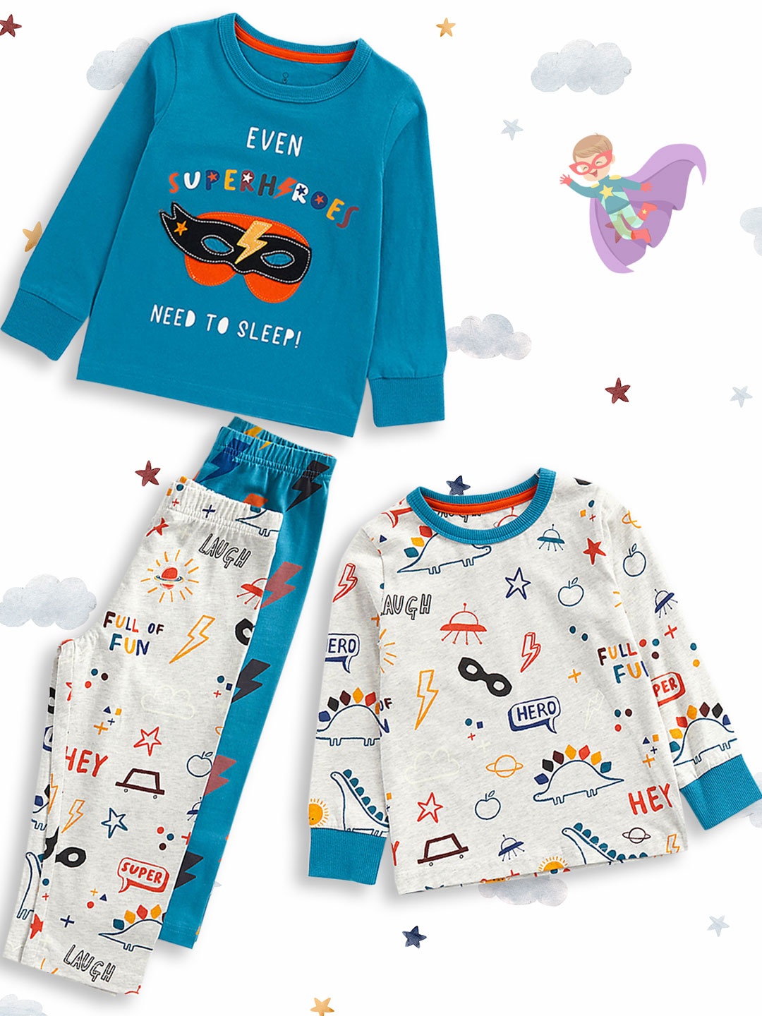 

mothercare Boys Set Of 2 Blue & White Printed Pure Cotton T-shirt with Pyjamas