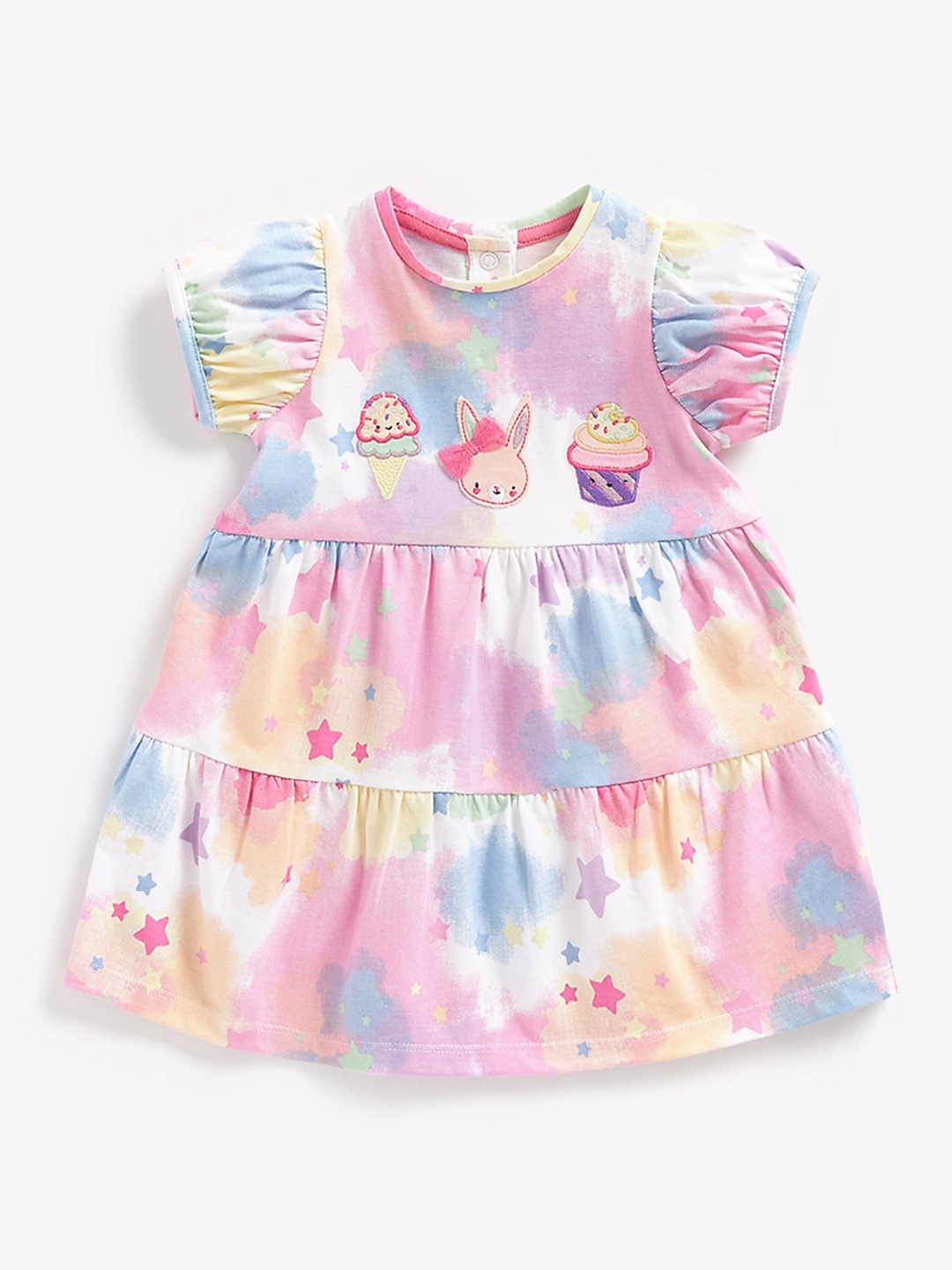 

mothercare Girls Multicoloured Tie And Dye Applique Tiered Pure Cotton A-Line Dress, Multi