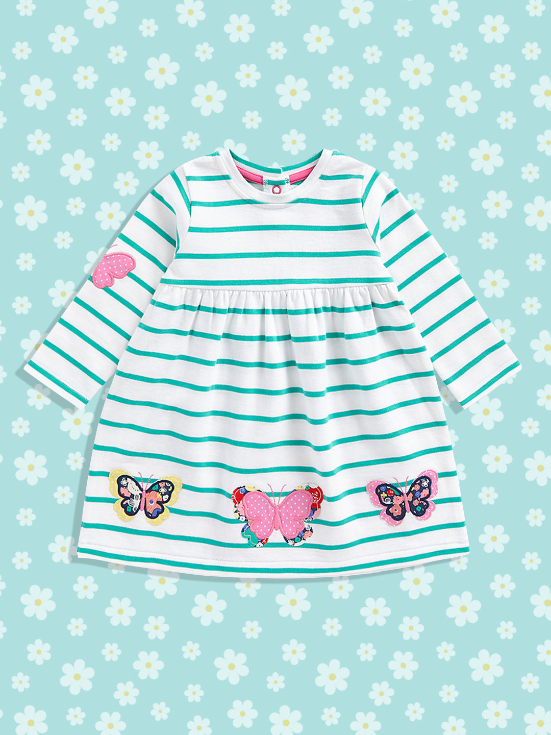 

mothercare Girls White & Green Striped Applique Pure Cotton A-Line Dress
