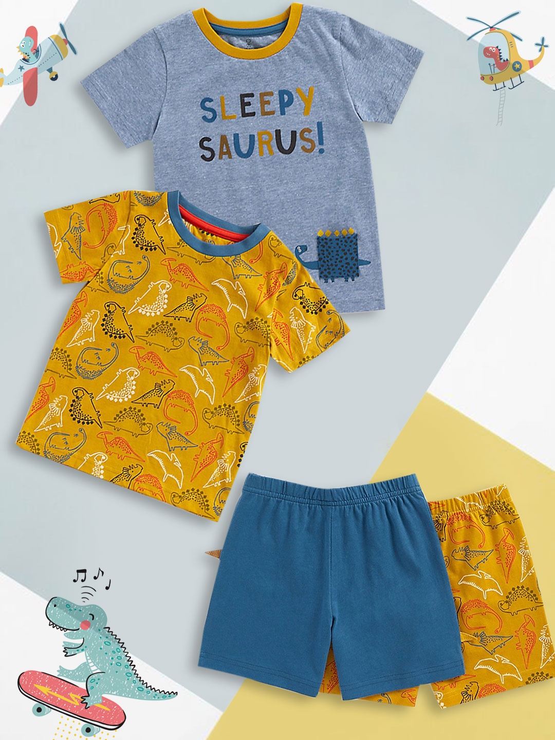 

mothercare Boys Set Of 2 Yellow & Blue Printed Pure Cotton T-shirt with Shorts