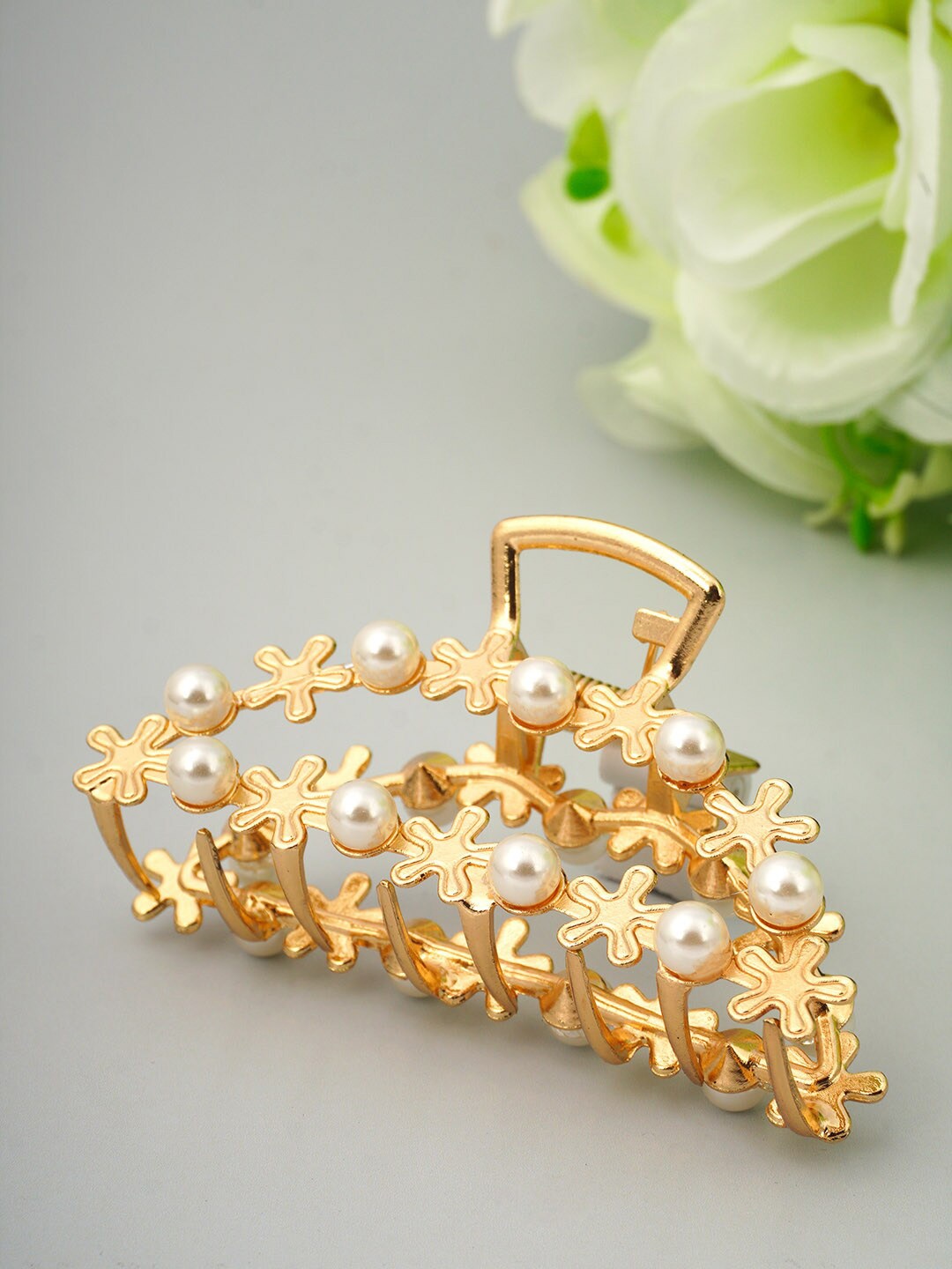 

Ferosh Women Gold-Toned & White Pearls Embellished Claw Clip