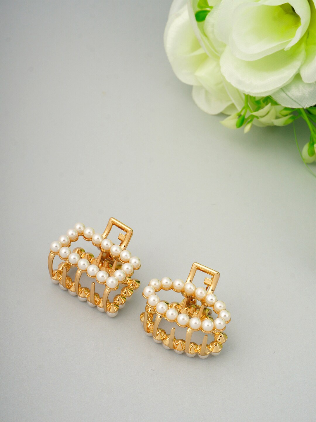 

Ferosh Women Set of 2 Gold-Toned & White Embellished Claw Clips