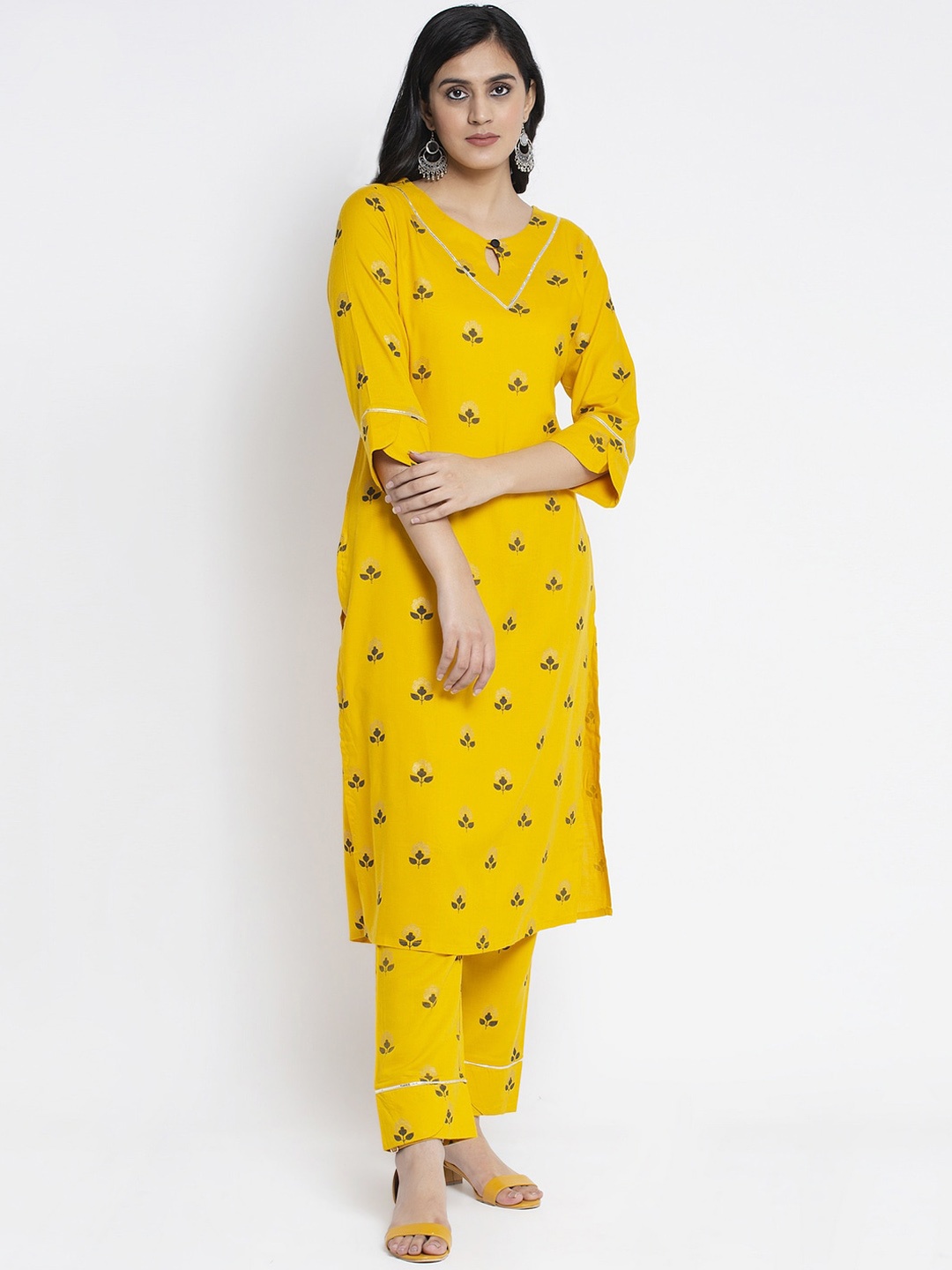 

Aujjessa Women Mustard Yellow Floral Foil Printed Kurta with Trousers