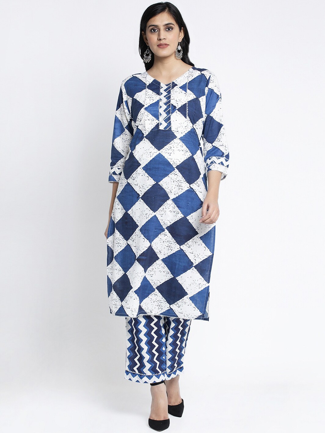 

Aujjessa Women Blue Printed Gotta Patti Pure Cotton Kurta With Trousers & Dupatta