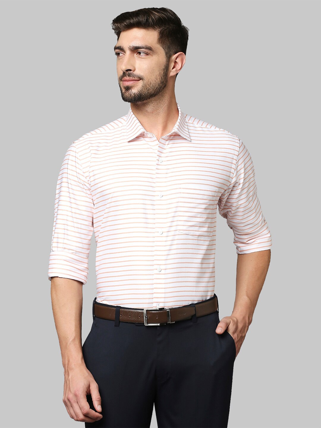 

Park Avenue Men Orange Slim Fit Horizontal Stripes Striped Formal Shirt