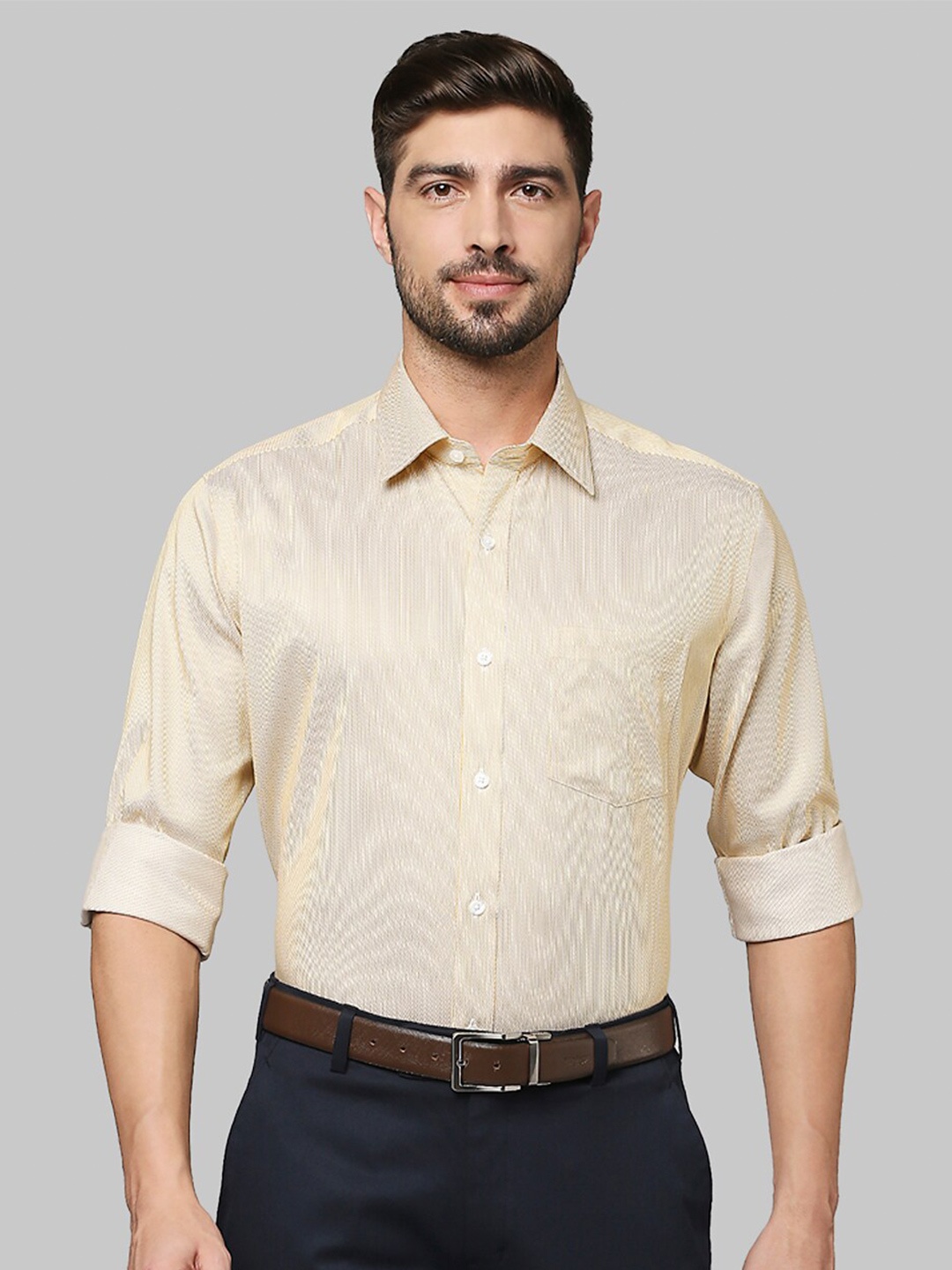 

Park Avenue Men Beige Striped Cotton Formal Shirt