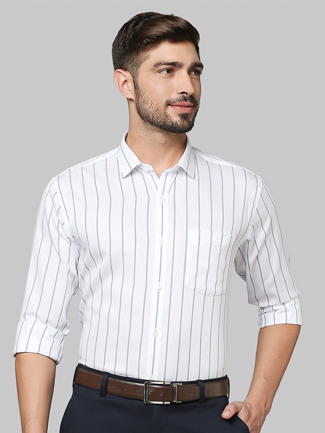 

Park Avenue Men White Slim Fit Striped Formal Shirt