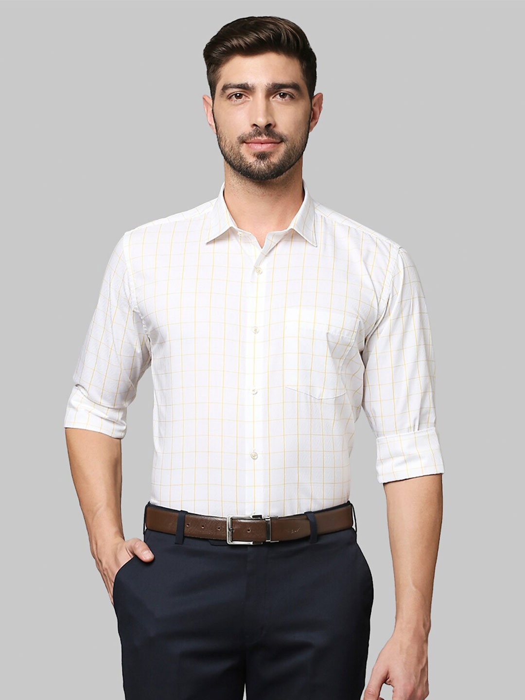 

Park Avenue Men White Slim Fit Grid Tattersall Checks Checked Cotton Formal Shirt