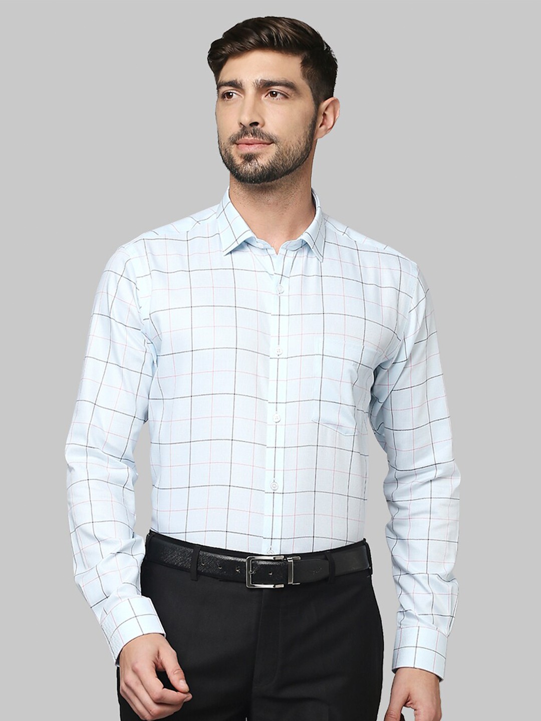 

Park Avenue Men Blue Slim Fit Windowpane Checked Cotton Formal Shirt