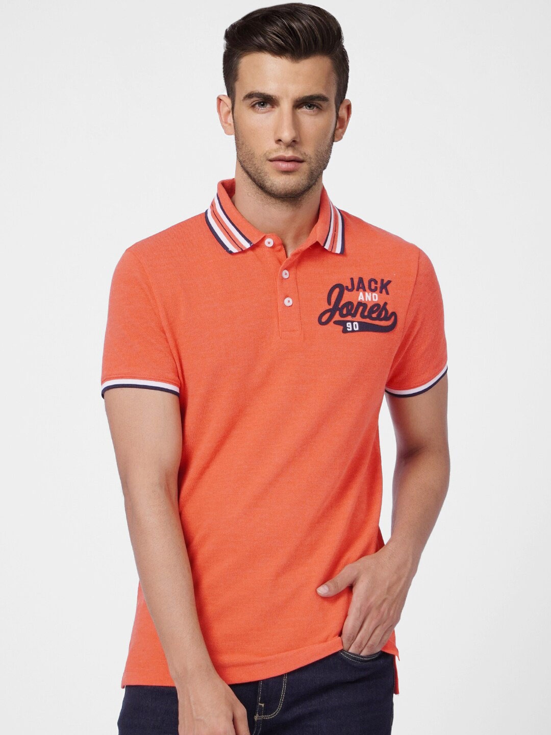 

Jack & Jones Men Orange & White Solid Cotton Polo Collar T-shirt