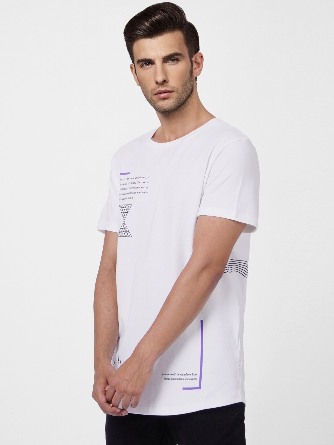 Jack & Jones Men White & Purple Printed Cotton Slim Fit T-shirt
