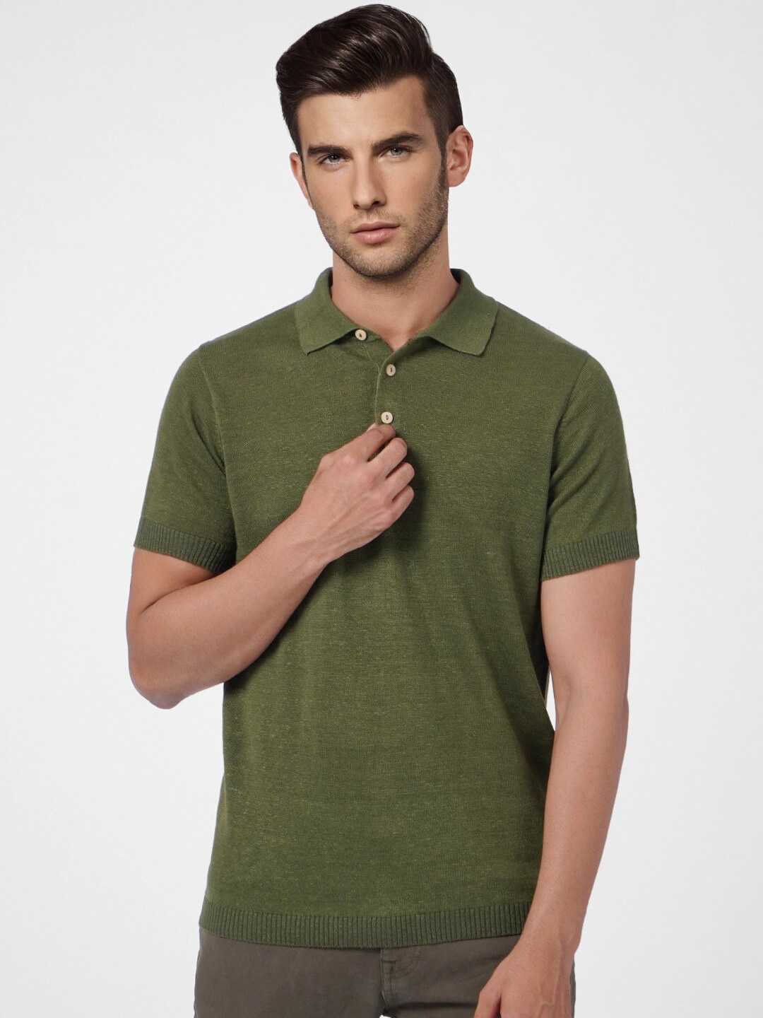 

Jack & Jones Men Olive Green Polo Collar Linen Slim Fit T-shirt