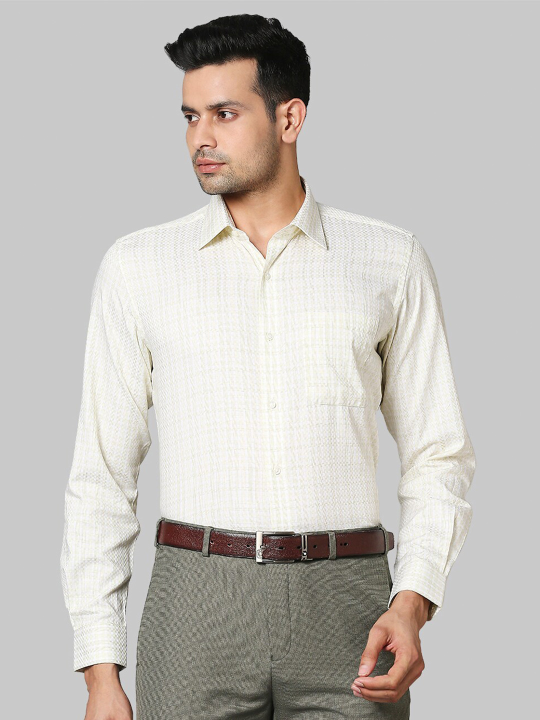 

Raymond Men Light Green Checked Cotton Formal Shirt
