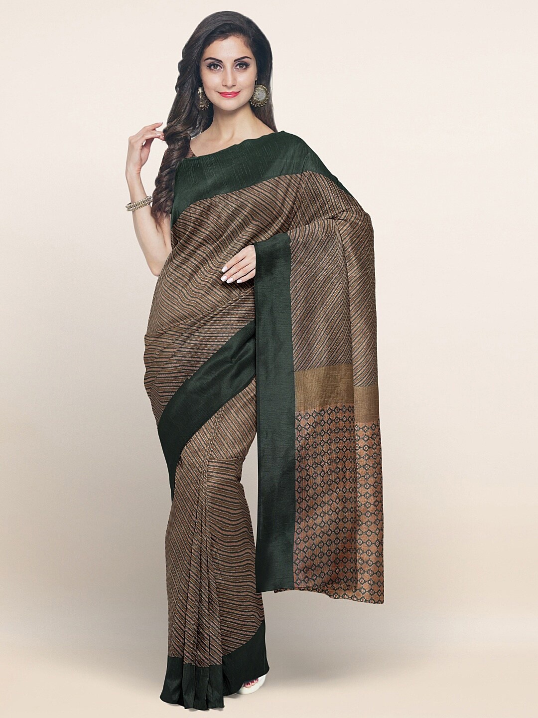 

Pothys Green & Copper-Toned Striped Zari Saree