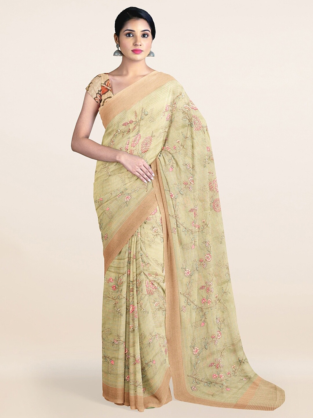 

Pothys Green & Pink Floral Tissue Saree