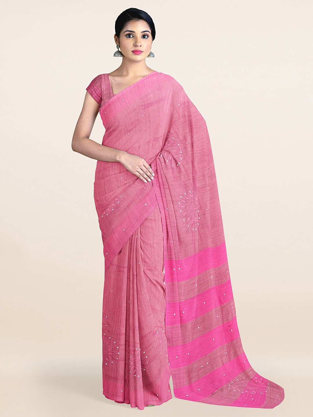 

Pothys Pink Ethnic Motifs Mirror Work Jute Silk Saree