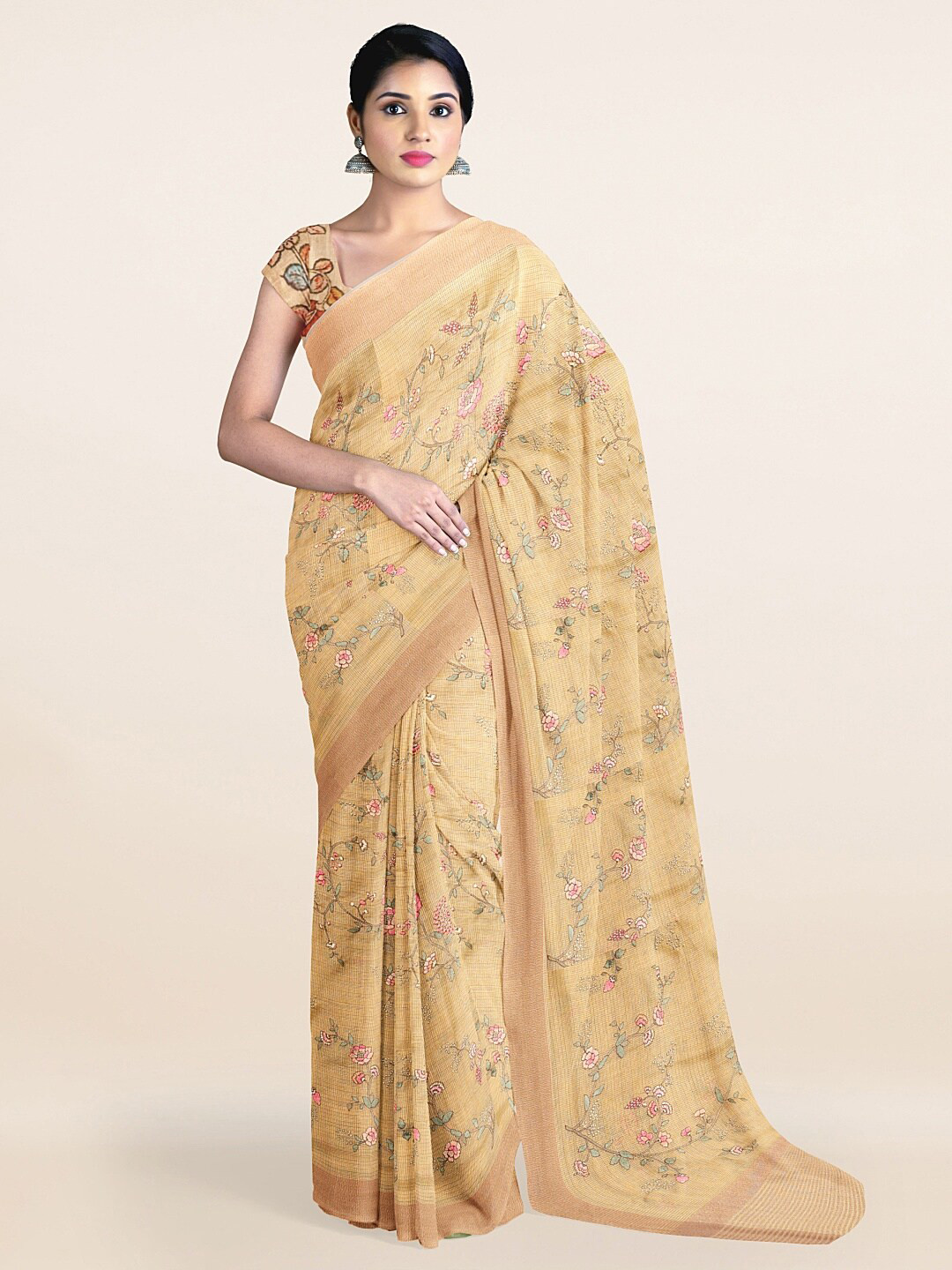 

Pothys Beige & Green Floral Tissue Saree