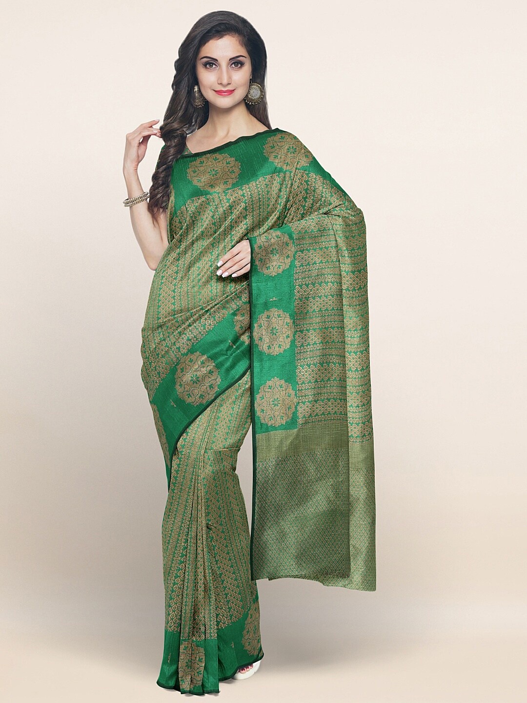 

Pothys Green & Gold-Toned Woven Design Zari Saree