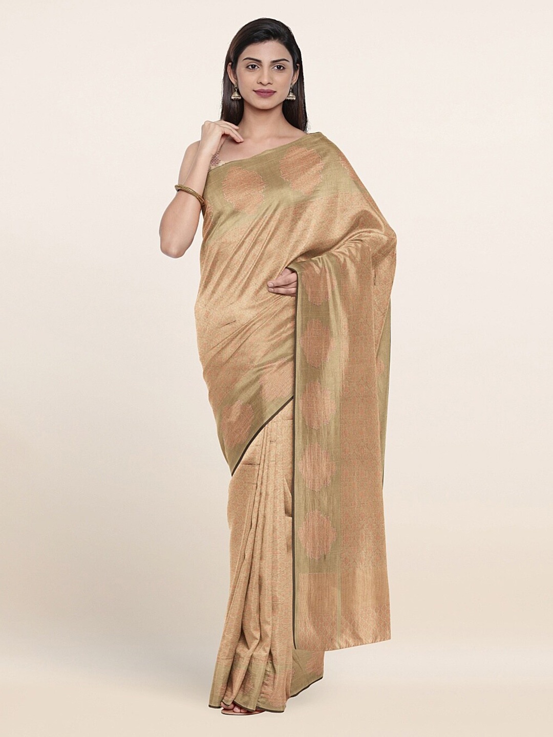 

Pothys Tan Brown & Green Ethnic Motifs Zari Saree