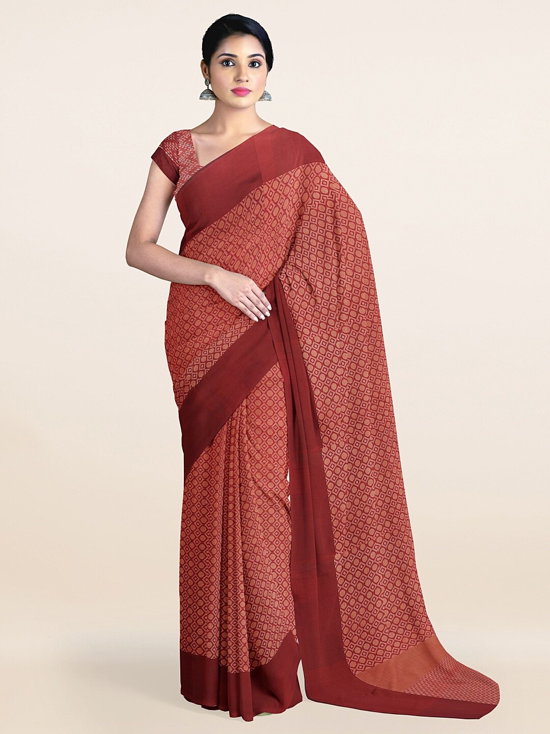 

Pothys Maroon & Gold-Toned Woven Design Zari Cotton Blend Saree