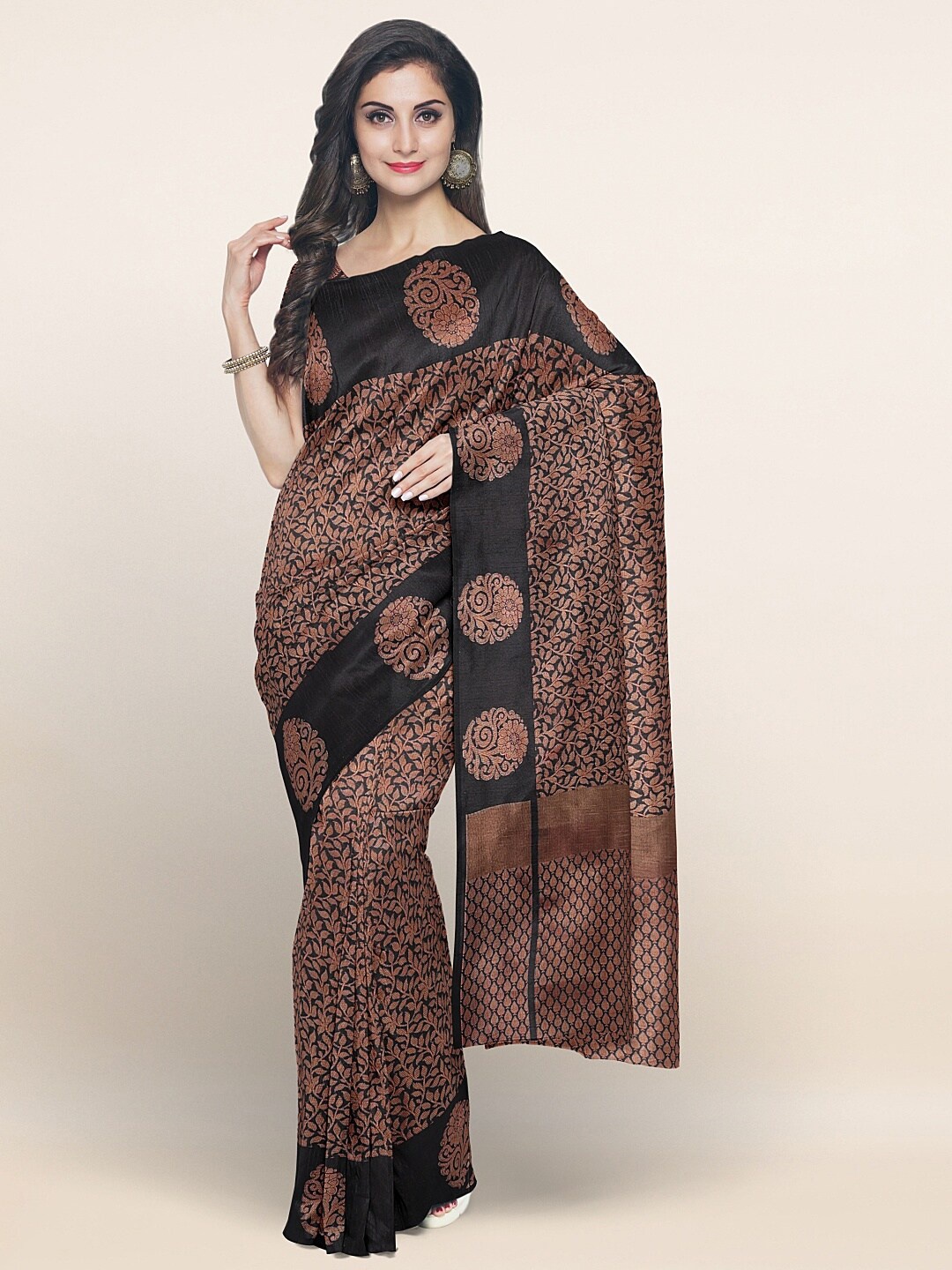 

Pothys Black & Copper-Toned Woven Design Zari Mescerized Cotton Saree