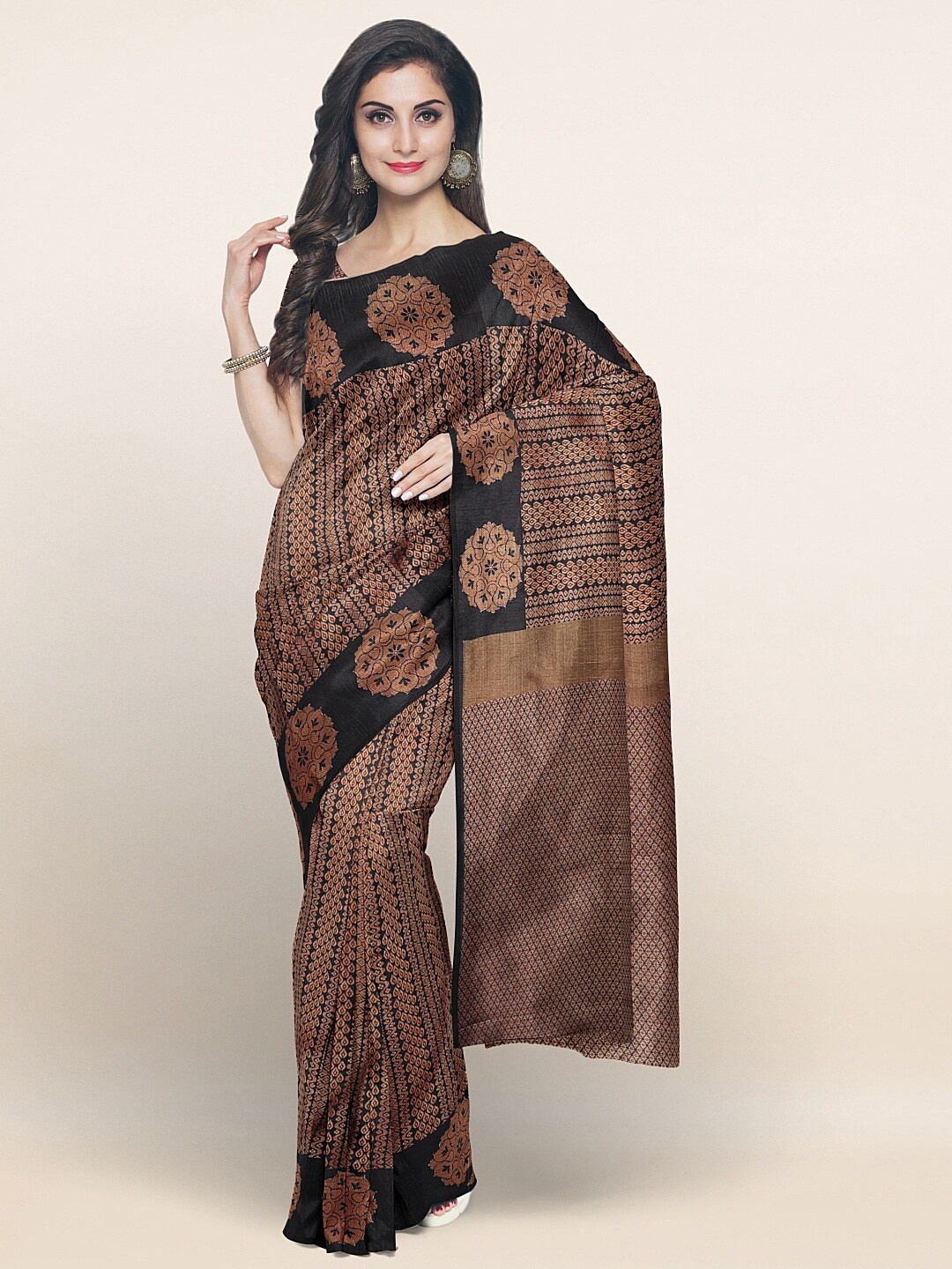 

Pothys Black & Copper-Toned Woven Design Zari Cotton Blend Saree