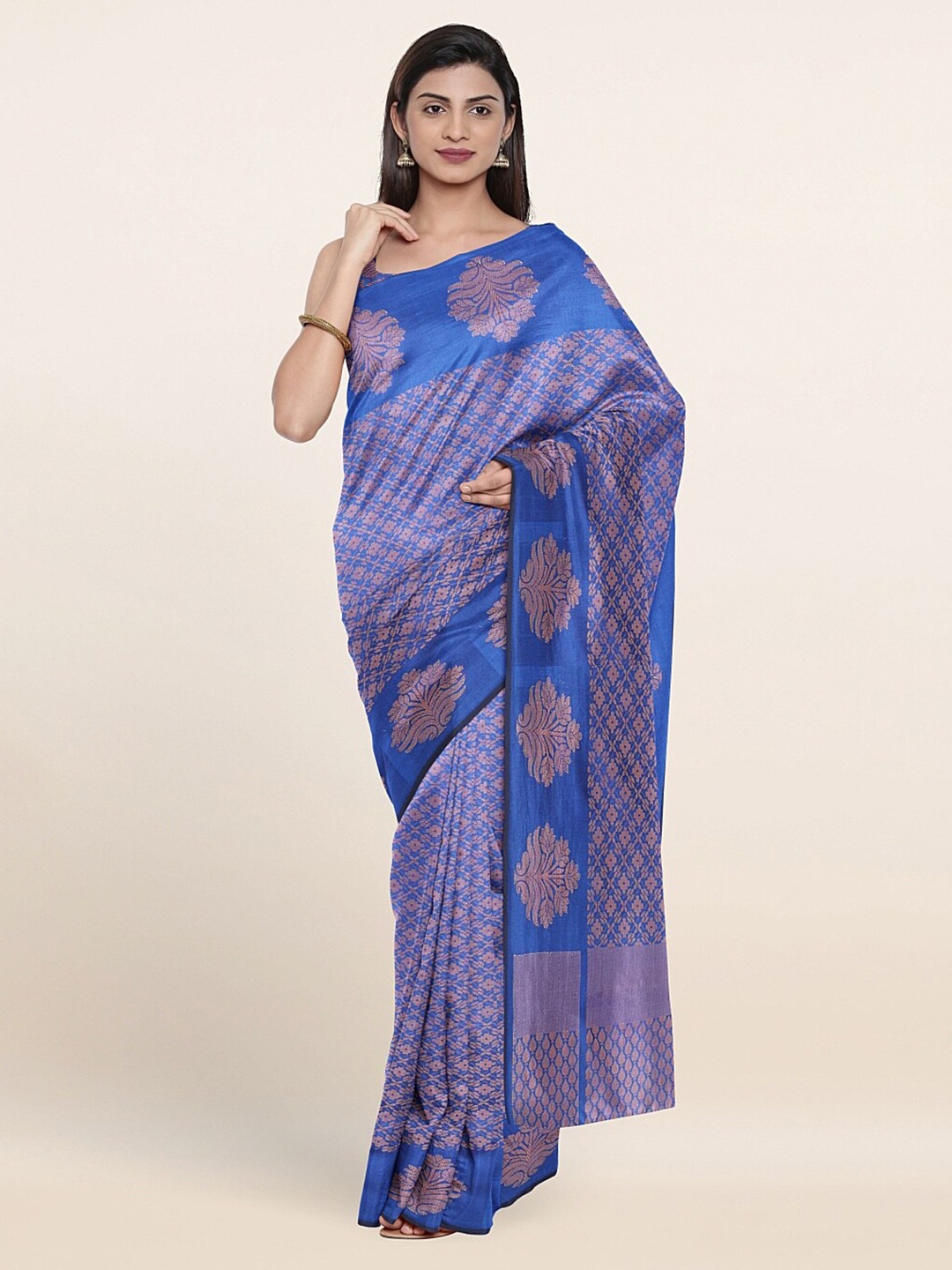 

Pothys Blue & Gold-Toned Floral Zari Saree
