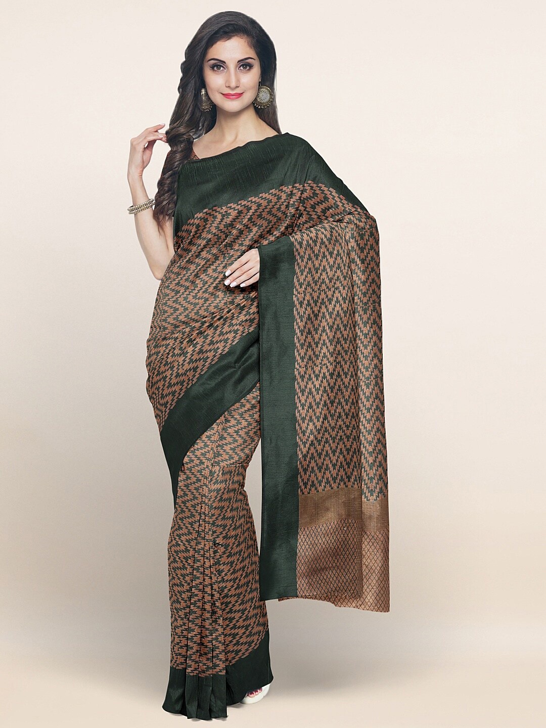 

Pothys Green & Tan Brown Geometric Saree