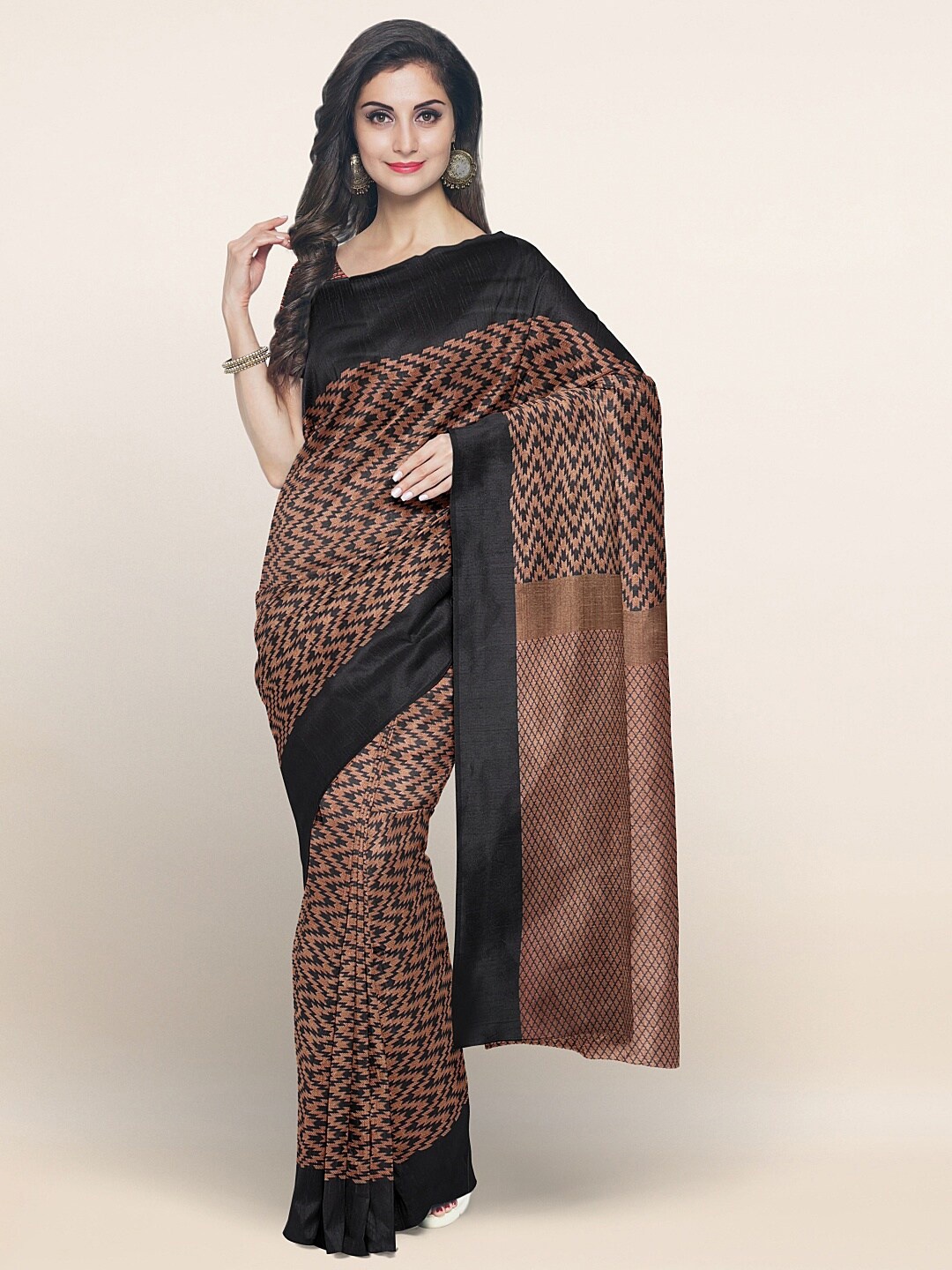 

Pothys Black & Copper-Toned Woven Design Zari Mescerized Cotton Saree