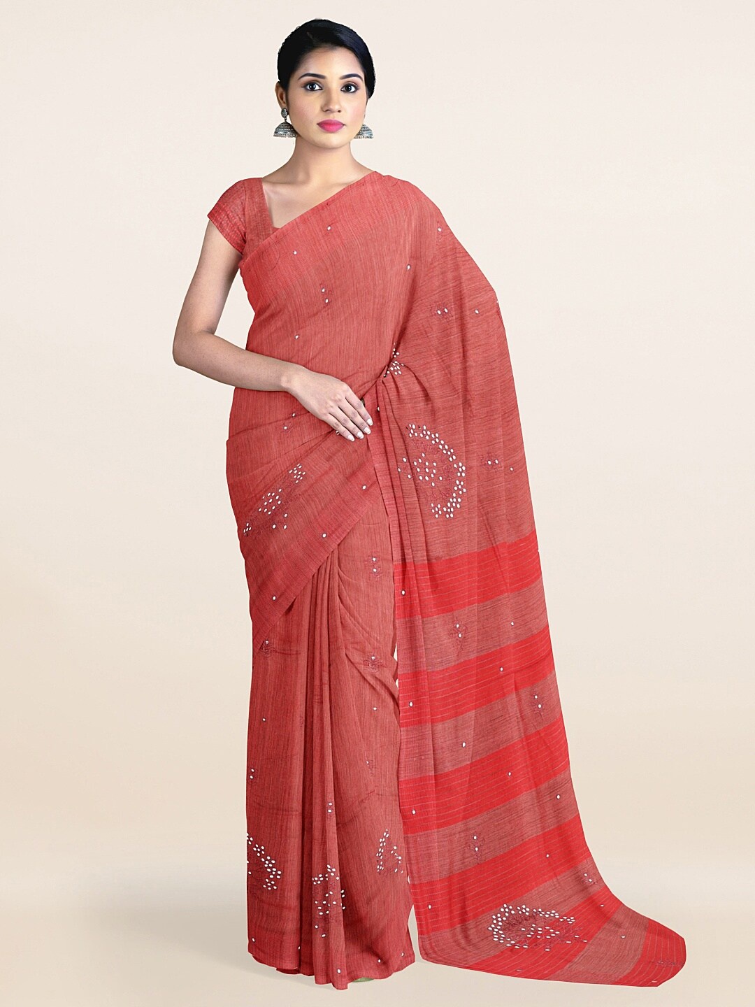 

Pothys Rust Ethnic Motifs Mirror Work Jute Silk Saree