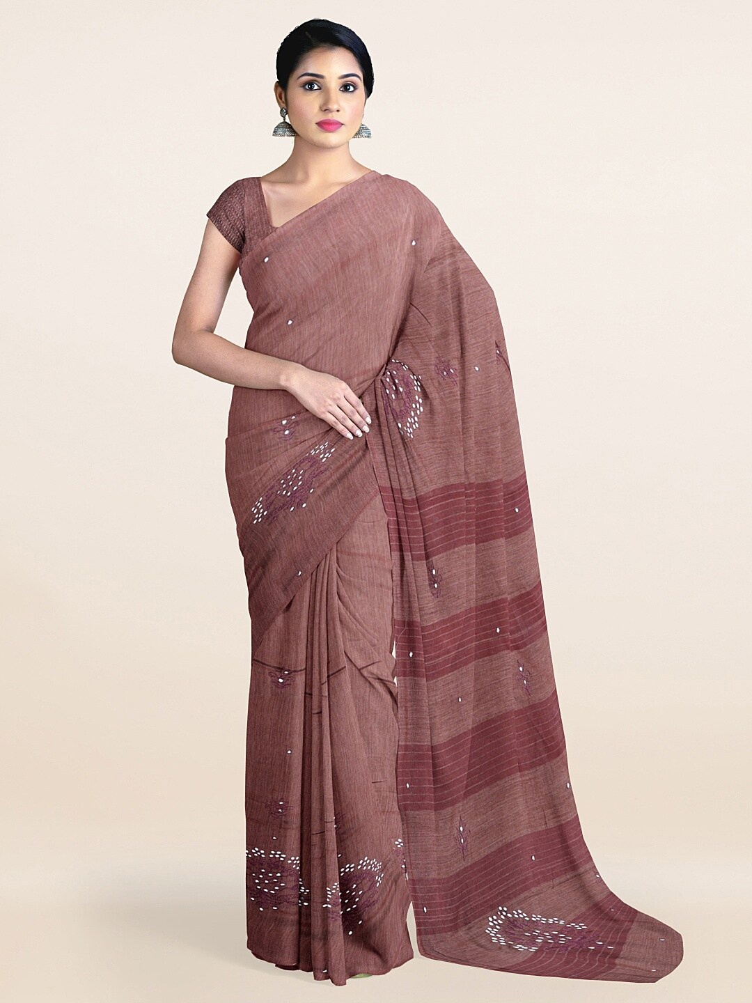 

Pothys Mauve Ethnic Motifs Mirror Work Jute Silk Saree