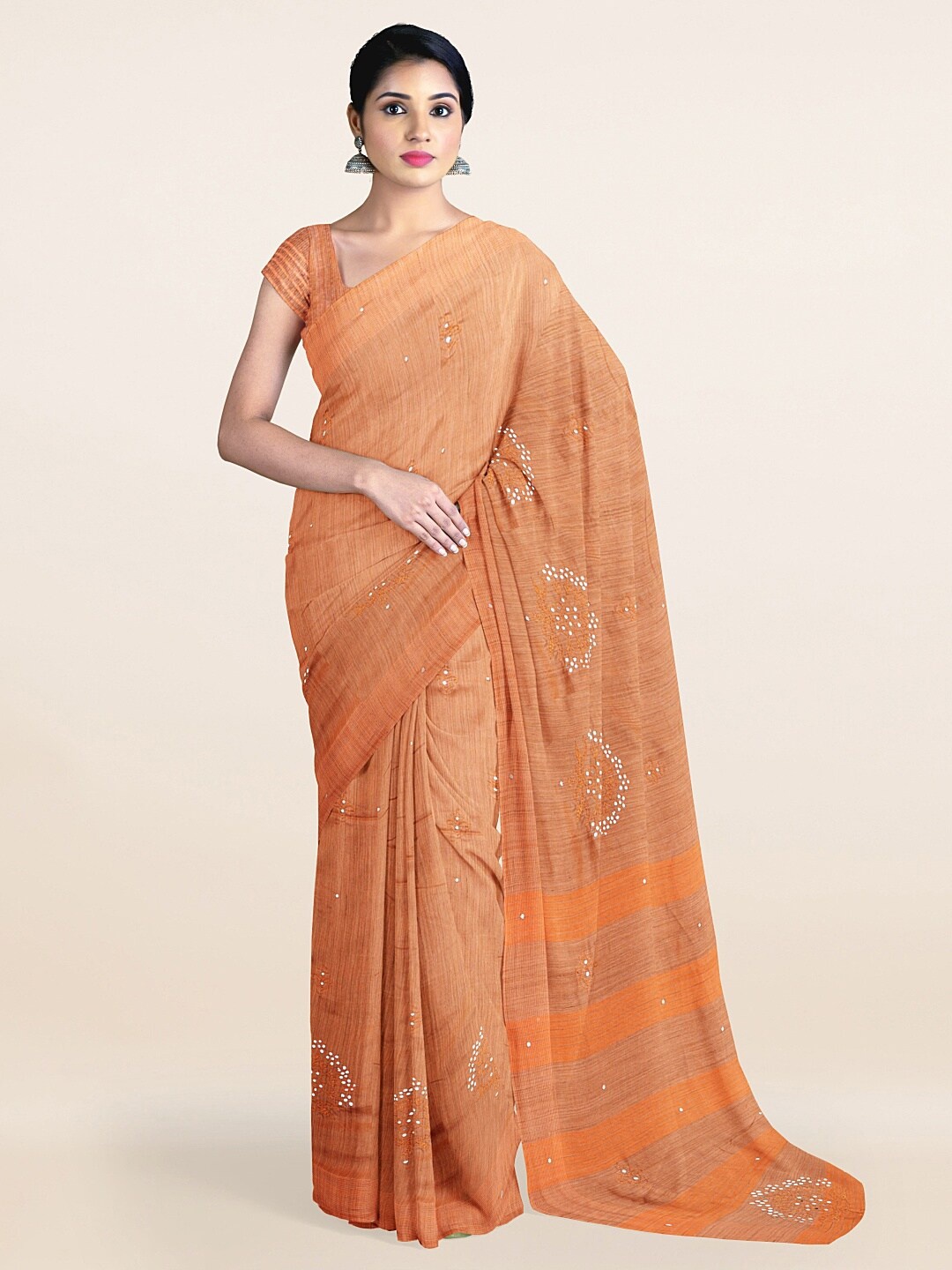 

Pothys Orange Floral Mirror Work Jute Silk Saree