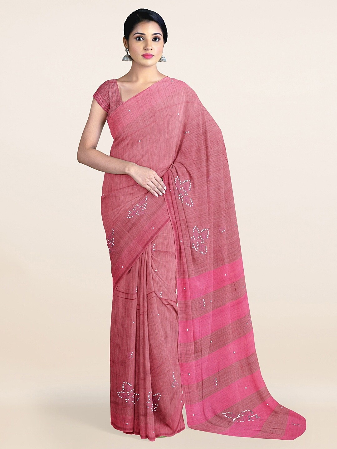 

Pothys Pink & Silver-Toned Ethnic Motifs Jute Silk Saree