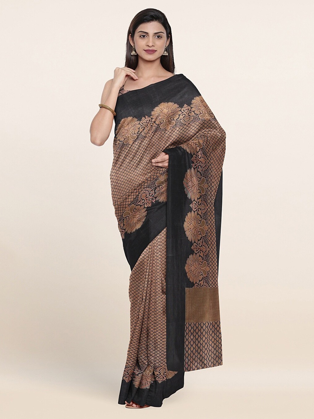 

Pothys Black & Coffee Brown Woven Design Zari Cotton Blend Saree