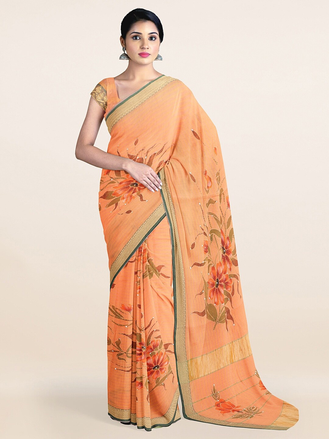 

Pothys Peach-Coloured & Green Floral Zari Maheshwari Saree