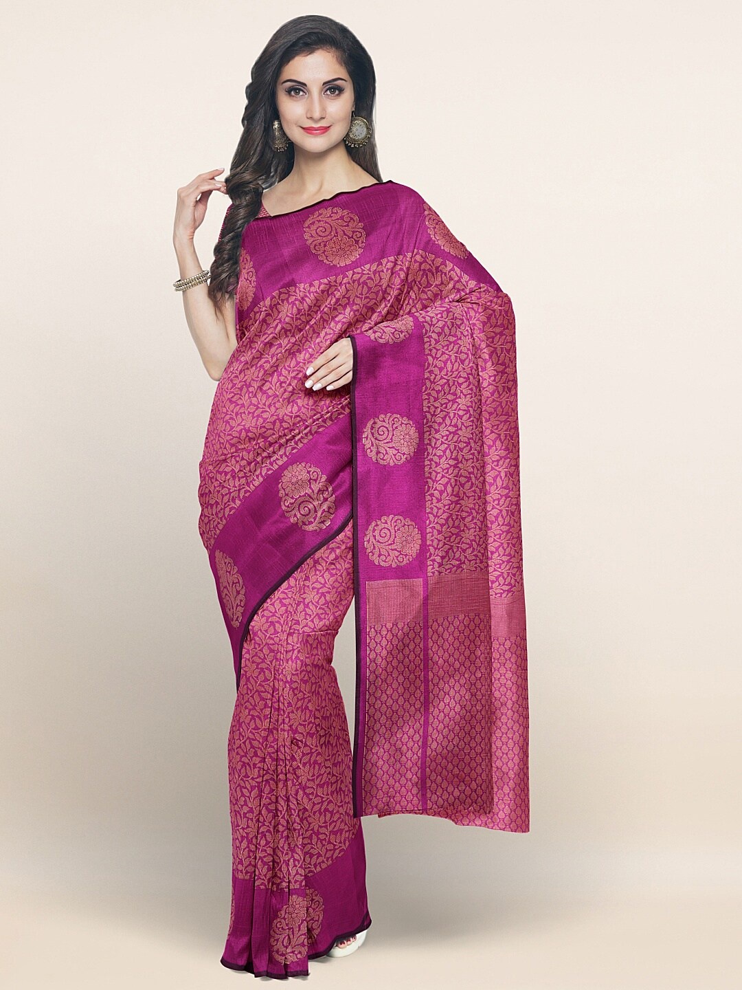 

Pothys Magenta & Gold-Toned Floral Zari Saree
