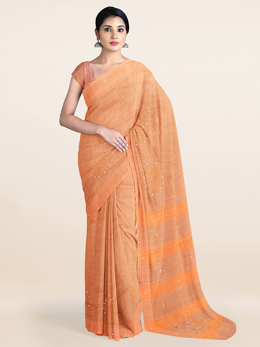 

Pothys Orange Embellished Mirror Work Jute Silk Saree