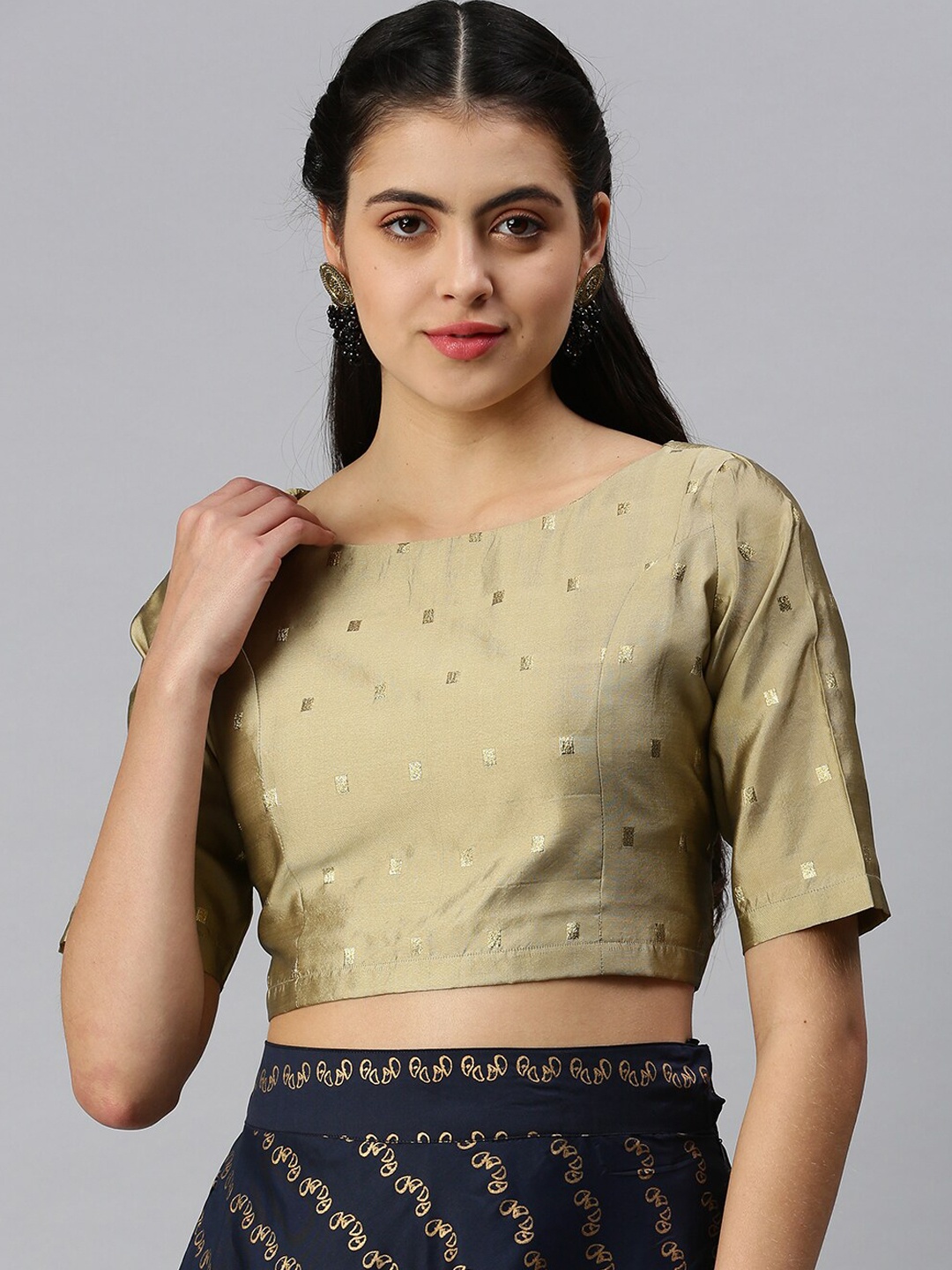 

De Moza Women Golden Embroidered Boat Neck Saree Blouse, Gold