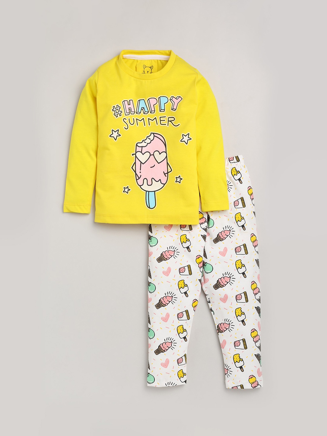 

Lazy Shark Girls Yellow & White Printed Night suit