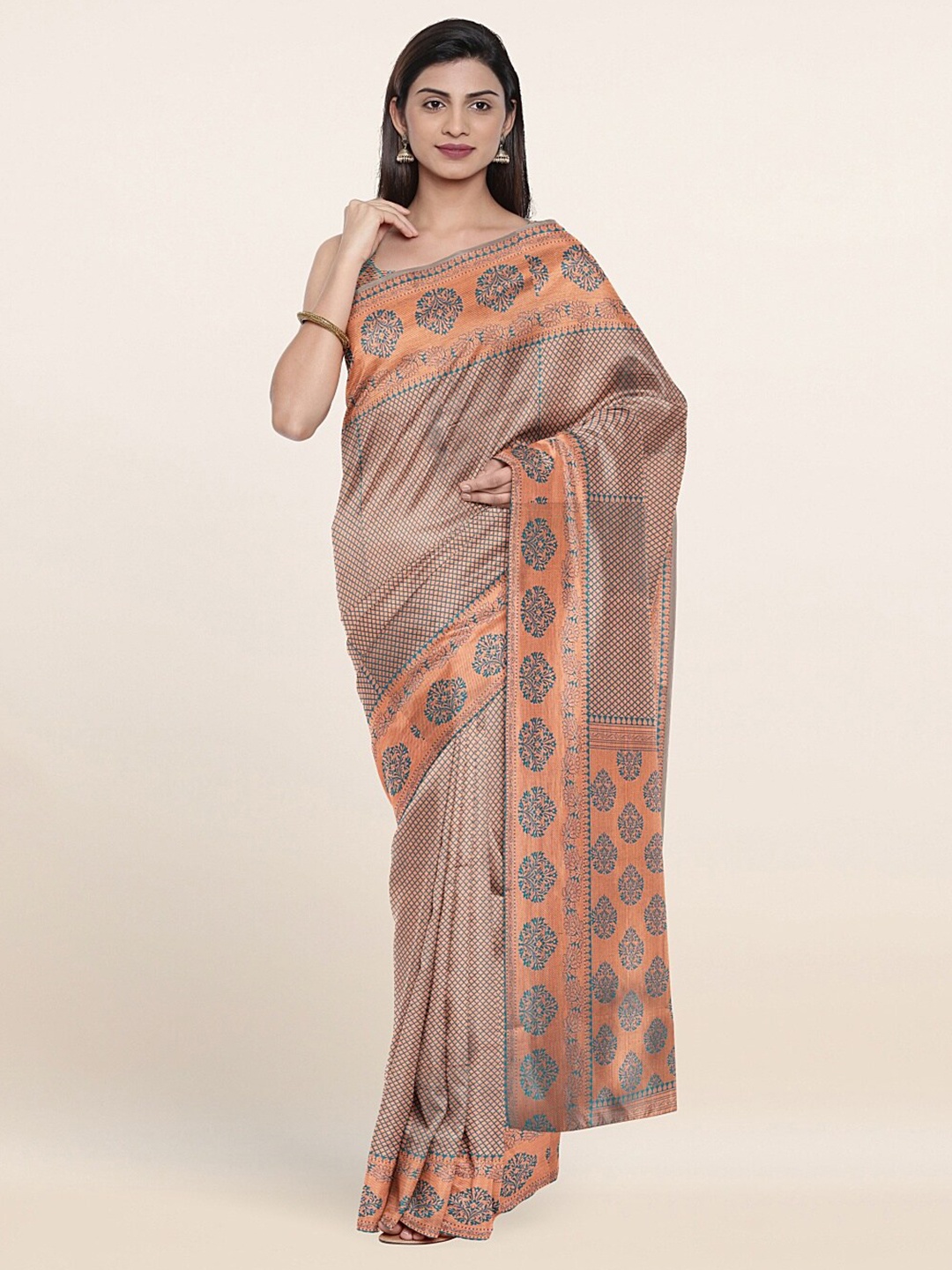 

Pothys Green & Copper-Toned Woven Design Zari Art Silk Saree