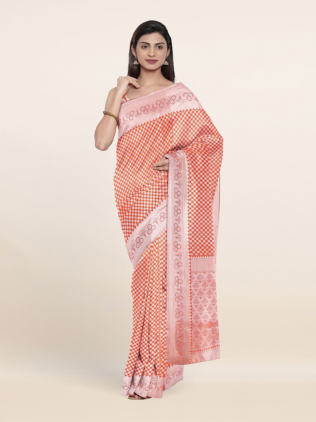 

Pothys Orange & Silver Floral Zari Art Silk Saree
