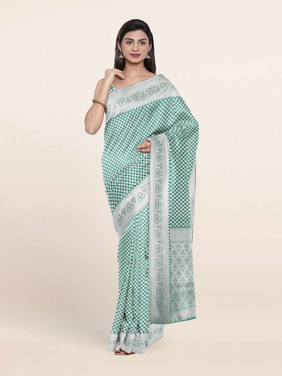 

Pothys Green & Silver-Toned Woven Design Zari Art Silk Saree