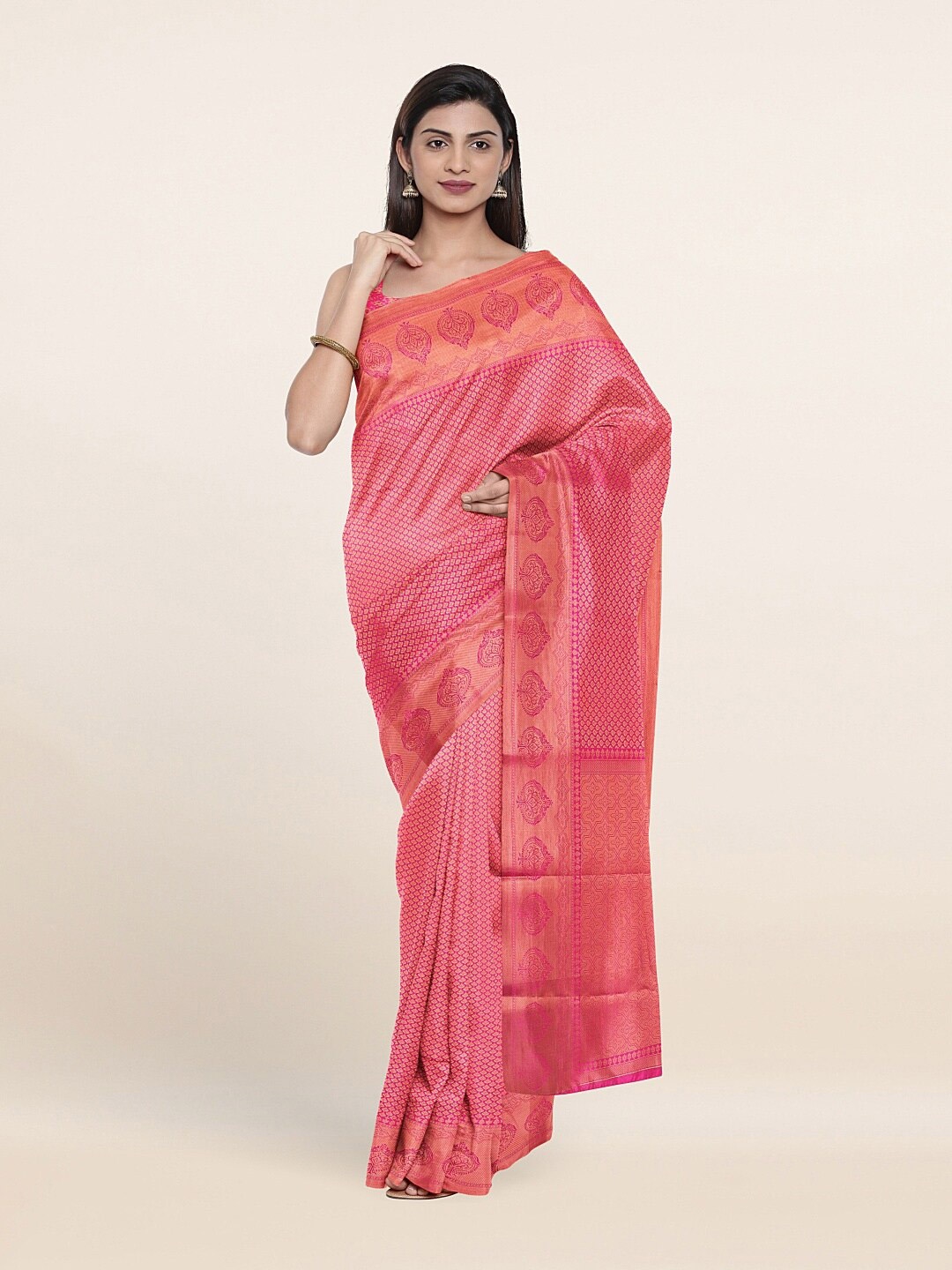 

Pothys Pink & Copper-Toned Ethnic Motifs Zari Art Silk Banarasi Saree